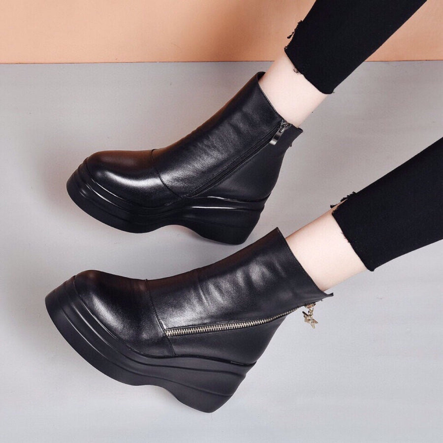 Aurélia | Bottines Compensées en Cuir à Zip Diagonal