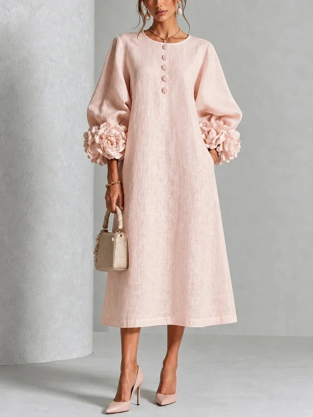 Amandine - Robe Longue à Manches Fleuries