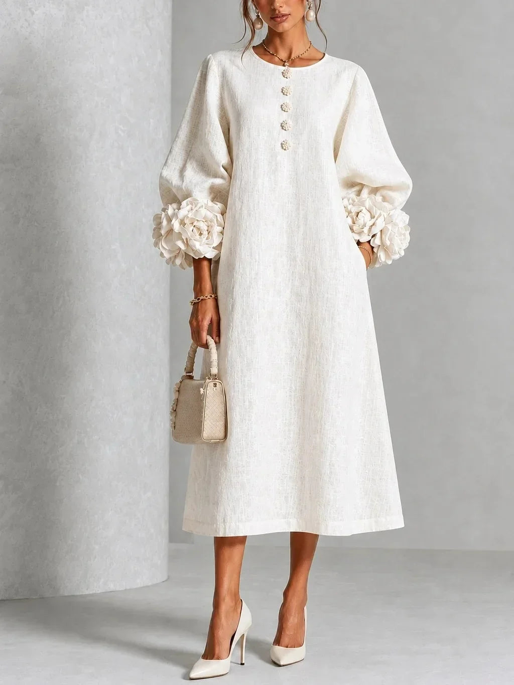 Amandine - Robe Longue à Manches Fleuries