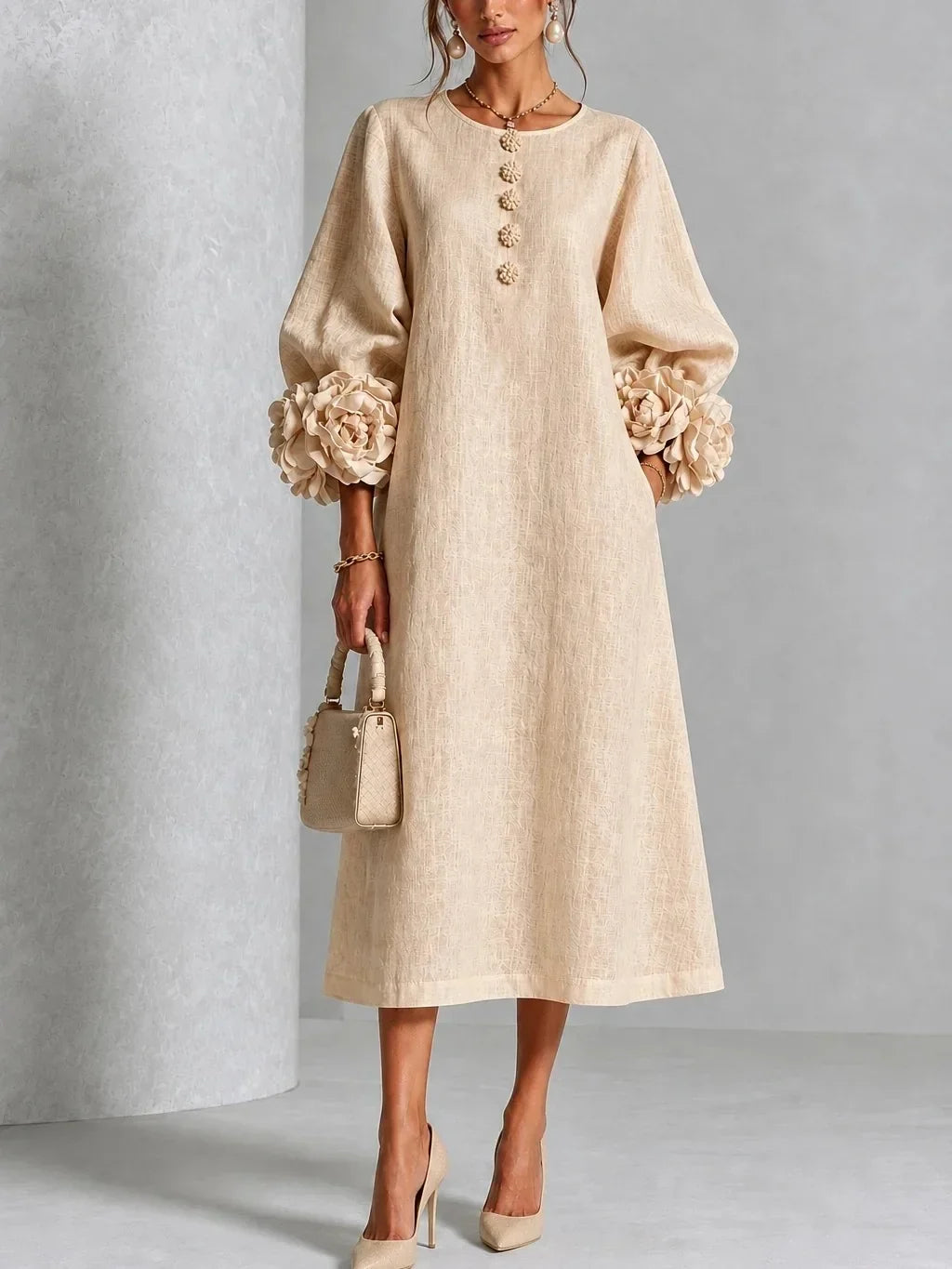 Amandine - Robe Longue à Manches Fleuries