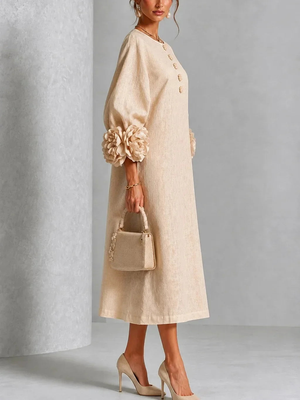 Amandine - Robe Longue à Manches Fleuries