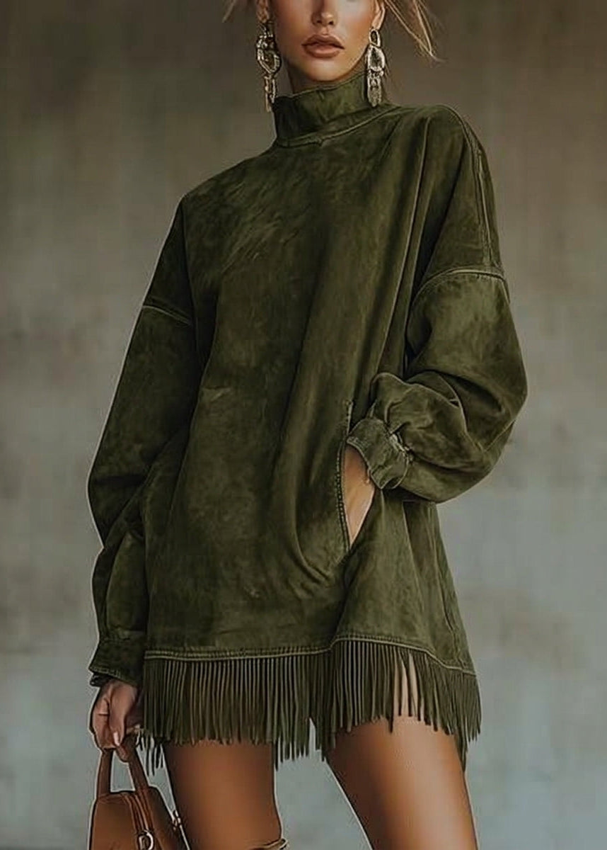 Astrid - Robe Effet Daim à Col Montant et Franges