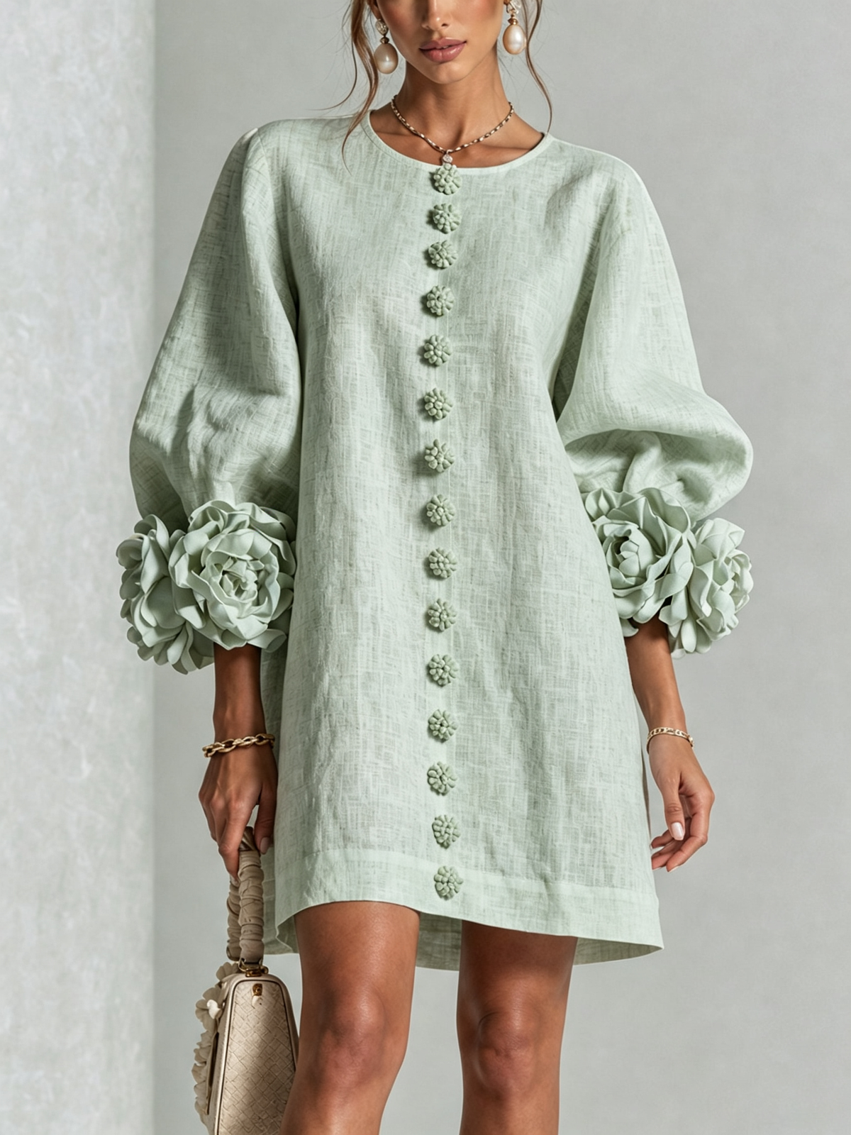 Lolita — Robe Courte à Boutons & Manchettes Fleuries