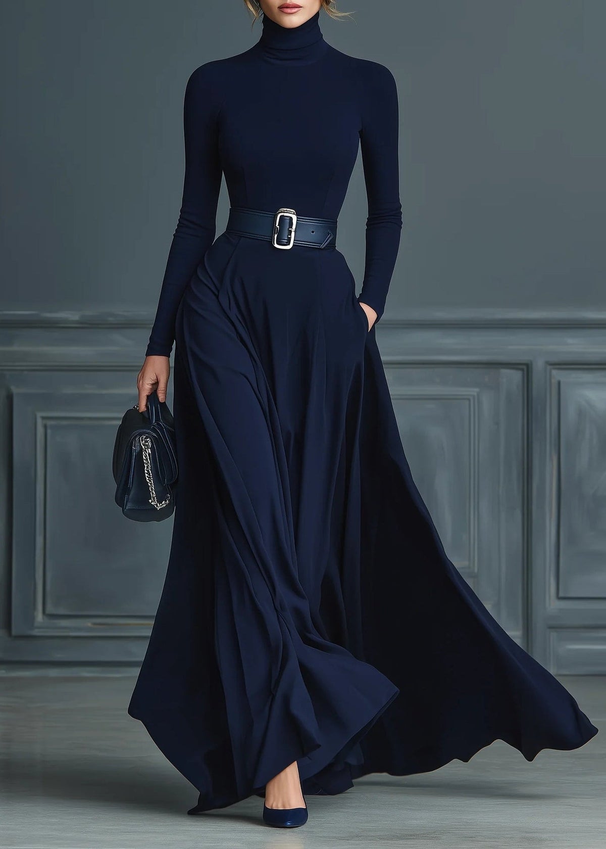Geneviève – Robe Longue en Maille à Col Montant