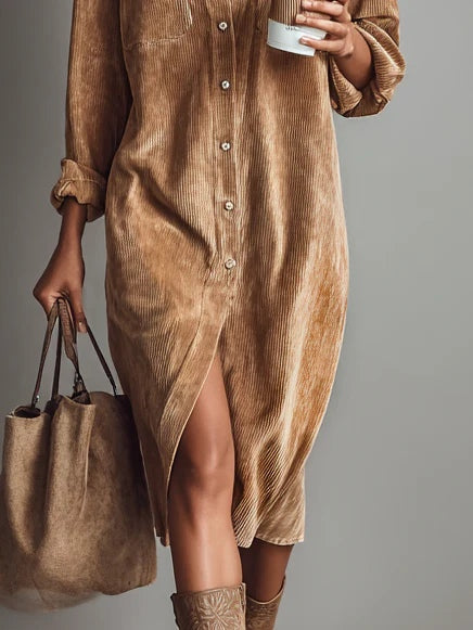 Josiane – Robe Chemise Midi en Velours Côtelé