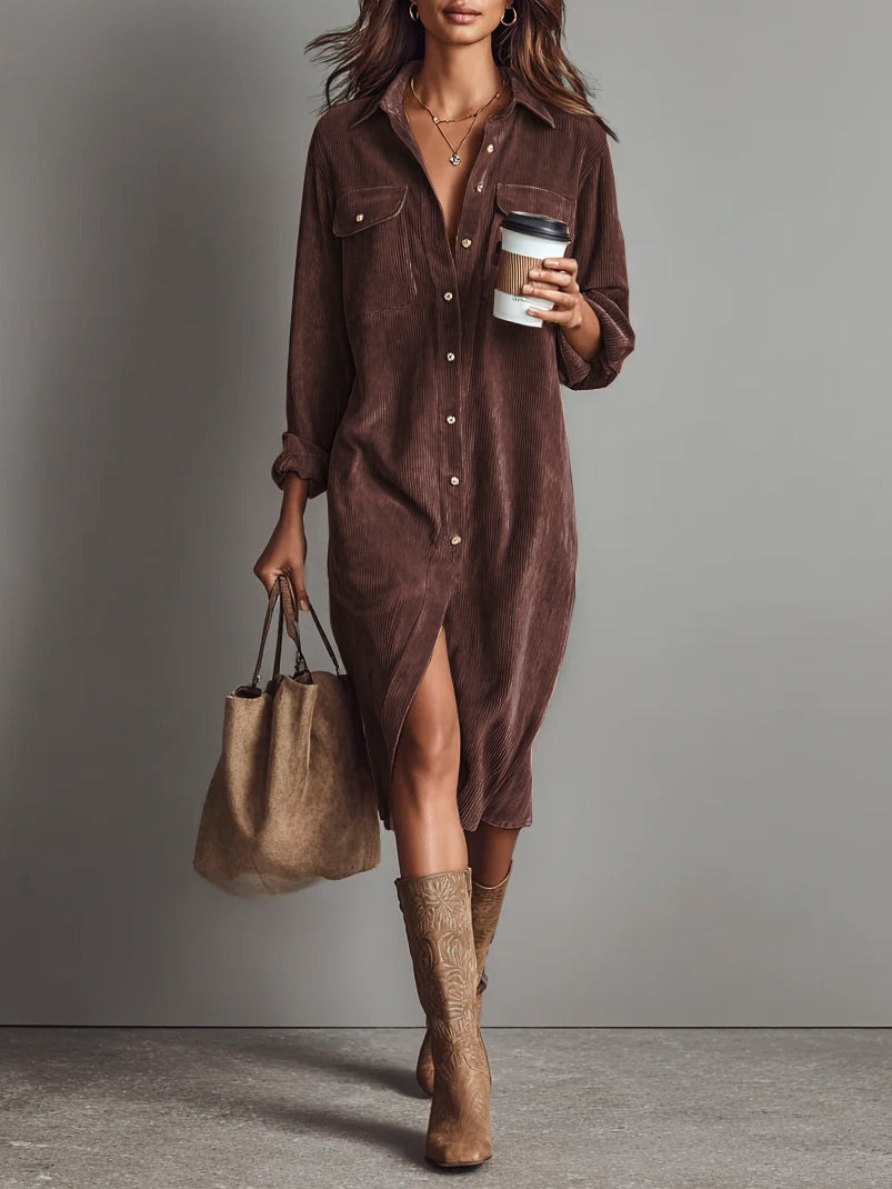 Josiane – Robe Chemise Midi en Velours Côtelé