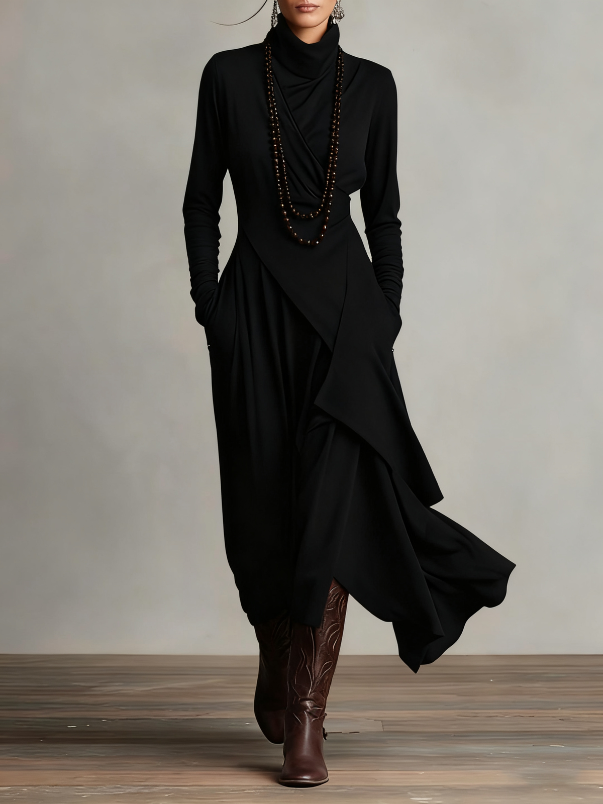 Solange – Robe Longue Drapée à Col Roulé