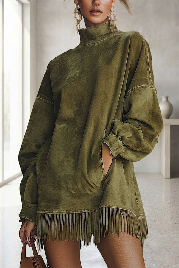 Astrid - Robe Effet Daim à Col Montant et Franges