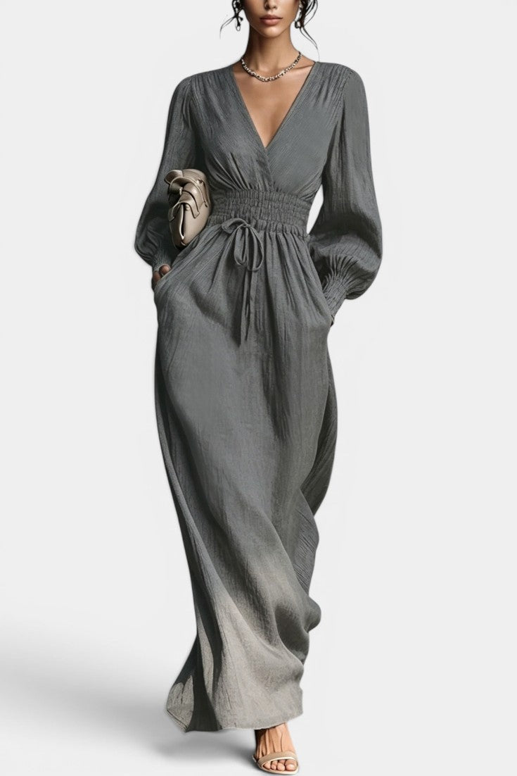Nelia - Robe Longue Décolleté en V Taille Smockée