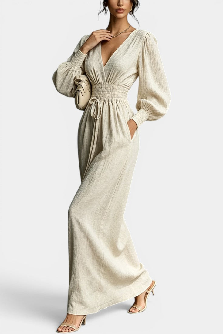 Nelia - Robe Longue Décolleté en V Taille Smockée